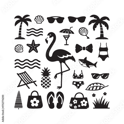Silhouette Vibrant Summer Beach Collage with Flamingo, Palm Trees, Seashells, and Tropical Icons.