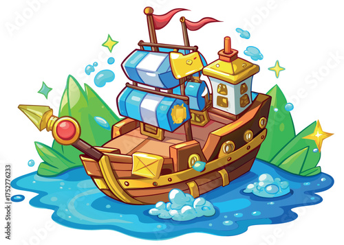 Cartoon ship sailing on water isolated on white background with sparkles