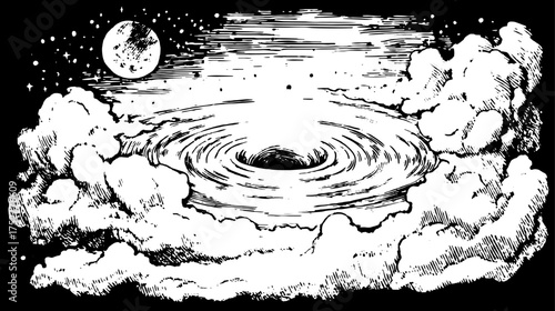 Illustration of a black hole set in a cosmic scene. Vintage line drawing style featuring clouds and stars, presented as a detailed vector illustration.