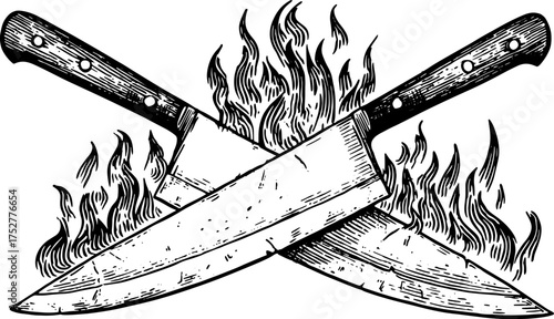 Crossed knives with flames in a vintage engraving style. Detailed vector illustration of cutlery in black and white set.
