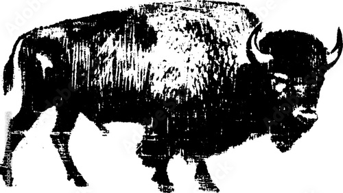 Bison silhouette. Vintage black and white vector illustration of a wild mammal in a natural environment.