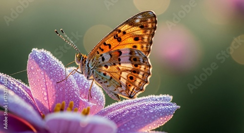 Orange butterfly on a purple flower with morning dew drops.