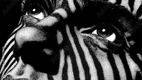 Vintage engraving of a zebra-striped face. Monochrome line drawing with detailed eyes in a striking vector illustration.