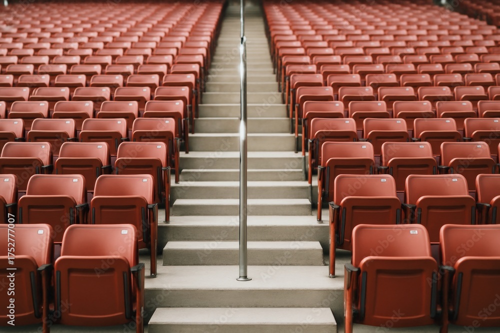Fototapeta premium Empty red stadium seats with central stairway in symmetrical pattern under soft natural light, abstract sport venue background concept image. Ai generative