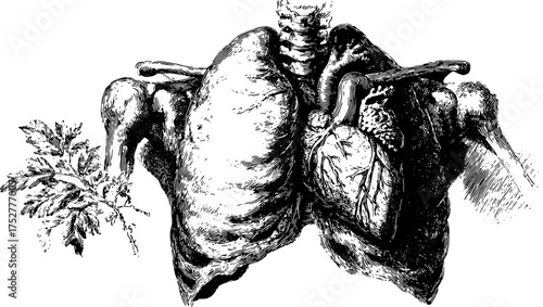 Engraved illustration of human lungs and heart anatomy. Detailed vintage vector set showing natural elements alongside medical study.