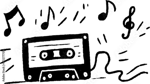 Cassette tape in vintage style. Simple black and white design vector illustration featuring music and audio elements in a set.