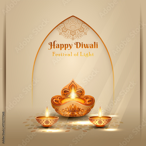 happy diwali greetings card design with lanterns and decorative background