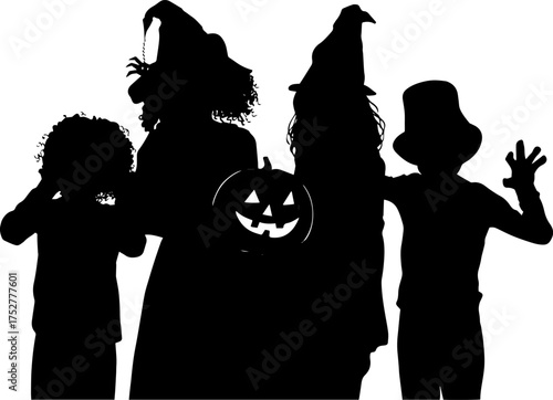 Silhouette of kids in Halloween costumes with witch hats and pumpkin. Perfect for spooky party designs, posters, and October holiday decorations.