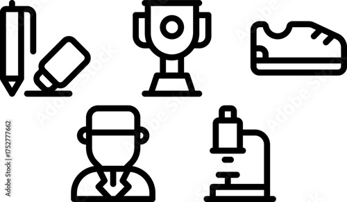 Minimalist Vector Icon Set for Scientific and Educational Use Featuring Laboratory Equipment and Scientist Figures in Modern Style with Monochrome Black Color Scheme