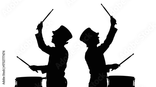 Two silhouetted figures in uniform, drumming enthusiastically with sticks against a white background.