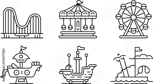 Whimsical collection of outline icons representing amusement park rides and attractions