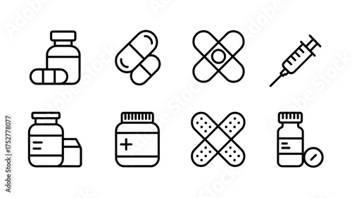 Clean line art icons representing medical supplies and healthcare treatments.