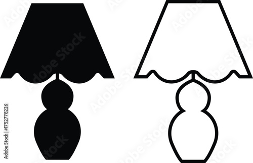 Lamp icon set in flat and outline styles. Table lamp silhouette symbols, home decoration and interior design elements, lighting fixture vectors illustration. Furniture for personal and commercial use.