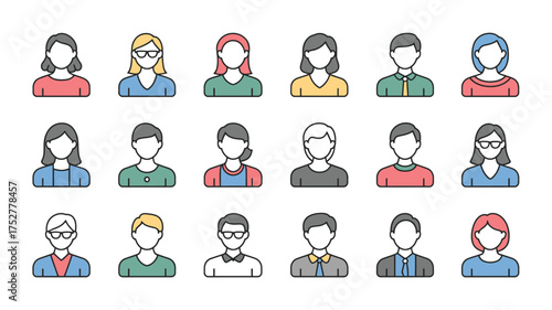Diverse collection of flat avatar icons representing people of different ages and genders.
