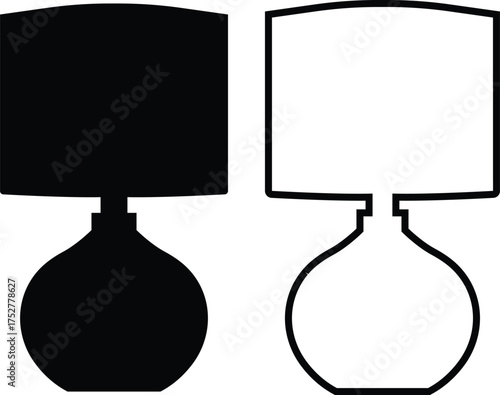 Lamp icon set in flat and outline styles. Table lamp silhouette symbols, home decoration and interior design elements, lighting fixture vectors illustration. Furniture for personal and commercial use.
