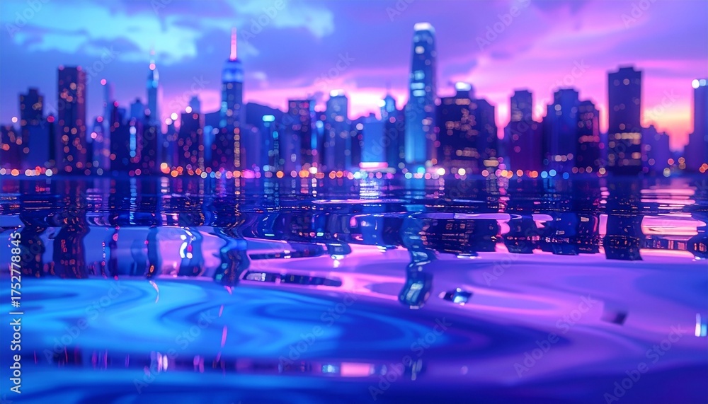 Obraz premium Abstract layer of liquid mercury rippling slightly, reflecting a blurred cityscape in shades of electric blue and violet, liquid reflection.
