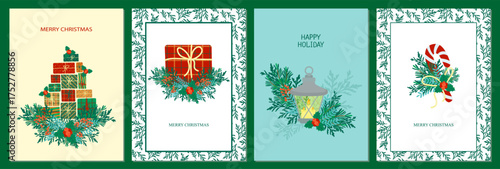 PSet of Christmas-themed vector illustrations featuring holiday cards with gifts, lantern, candy cane, and festive decorations. Perfect for seasonal greetings and holiday designs.