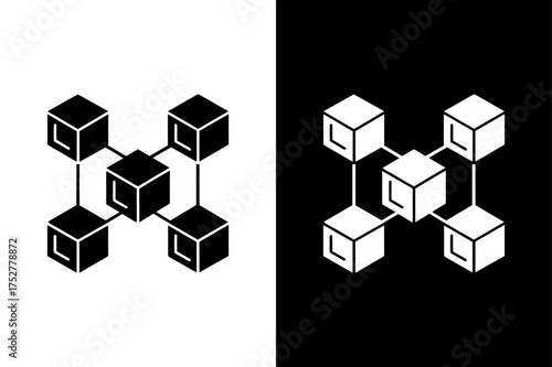 Digital Transaction Icon — Connected Cubes, Minimal Flat Vector on Monochrome Background.
