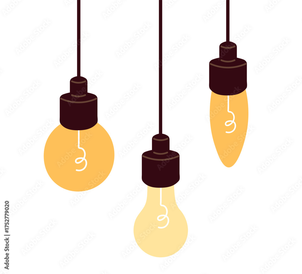 Naklejka premium Light bulbs suspended by cords flat vector design of fixtures or ceiling pendants. Incandescent lamps and balls with yellow filaments and contact wires
