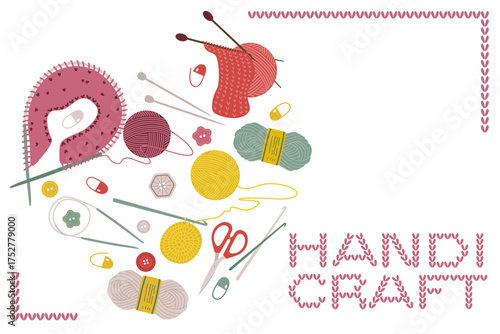 Vector illustration showcasing various knitting supplies including yarn, needles, and scissors arranged in an artistic design. The word handicraft is creatively displayed, highlighting a passion for c
