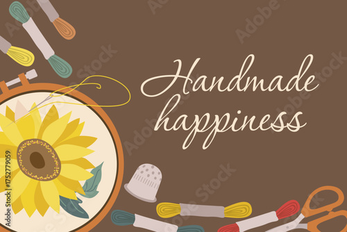Sunflower embroidery artwork in a hoop surrounded by colorful threads, a thimble, and scissors. Vector illustration ideal for crafts, DIY, or handmade projects inspiration.