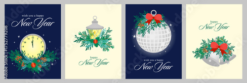 Set of New Year vector illustrations featuring a clock, lantern, disco ball, and bells adorned with festive greenery and red bows, perfect for holiday greeting cards and decorations.