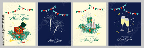 Set of New Year vector illustrations featuring festive elements like gifts, fireworks, champagne glasses, and cheerful decorations. Ideal for greeting cards and holiday designs.
