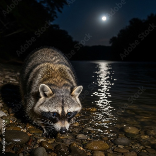 Raccoon Foraging by a Moonlit River at Night.
