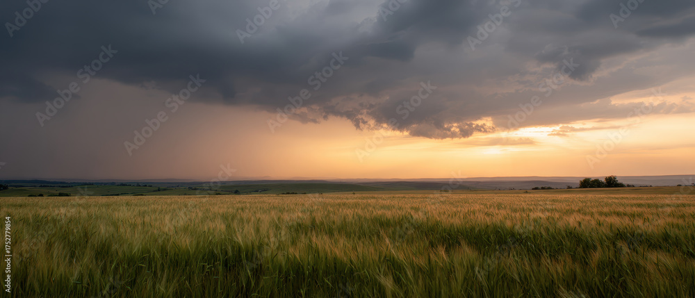 Fototapeta premium Golden hour storm landscape field sunset mood over wheat field under storm cloud
