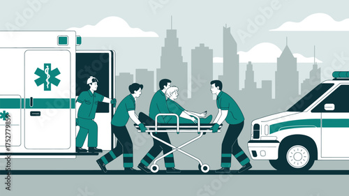 Medical team urgently transports patient on stretcher from ambulance to hospital in urban setting.