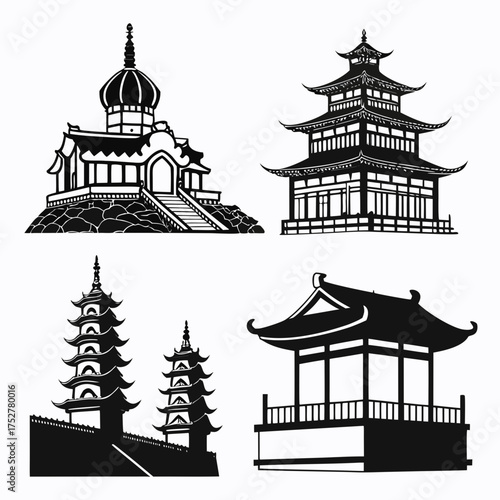 Vector art of collection of oriental buildings, pagodas and temples