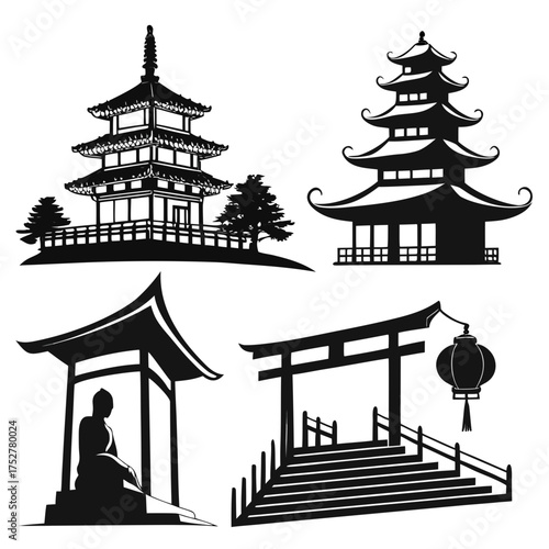Vector art of collection of oriental buildings, pagodas and temples