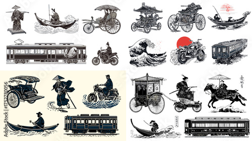 Vintage-style Asian transportation illustration featuring rickshaws, boats, trains, and traditional vehicles with ink brush art. Perfect for historical, travel, and cultural graphic projects.