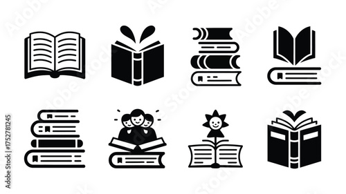 Collection of stylized black and white icons representing books and learning.