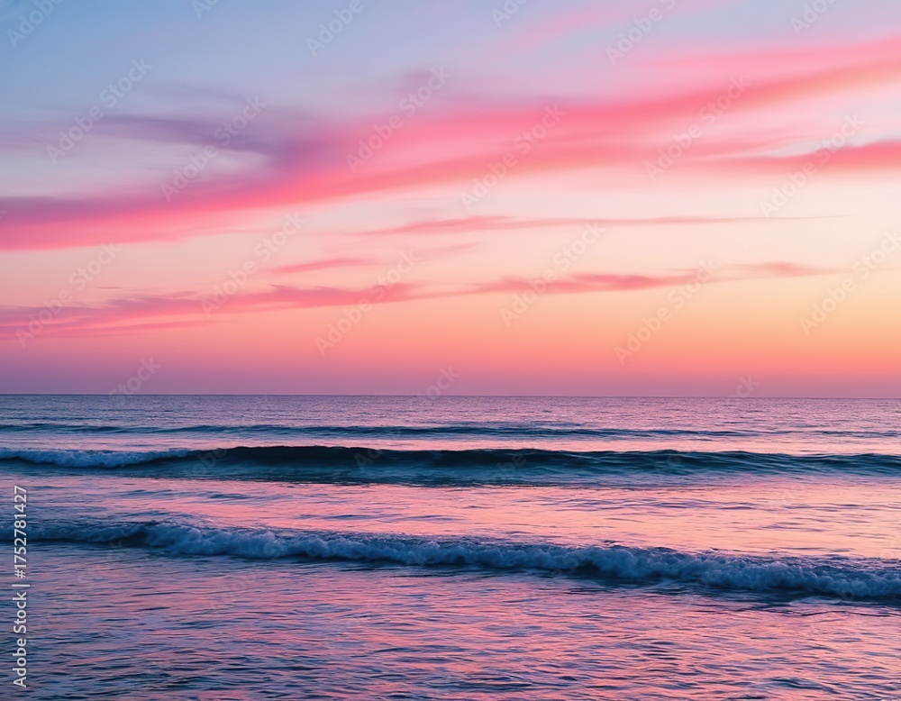 Fototapeta premium Sea and sky, pink and purple horizon. Minimalistic landscape.