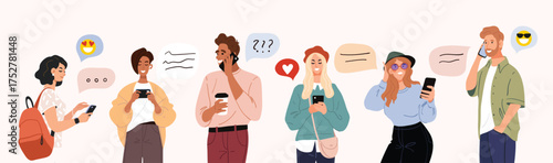 Group of people using smartphones and chatting through messages and social media. Flat vector illustration with speech bubbles and emojis on light background. Online communication and social network