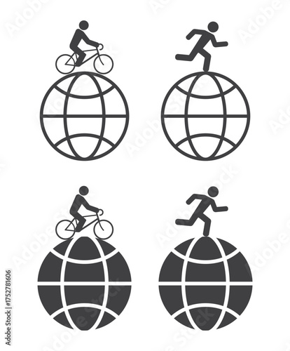Run man and person ride bicycle travel around globe icon set