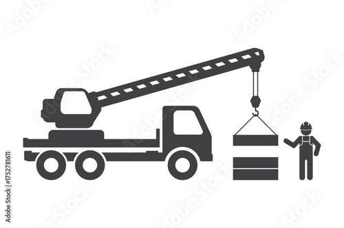 worker  near car truck with crane machine load cargo icon