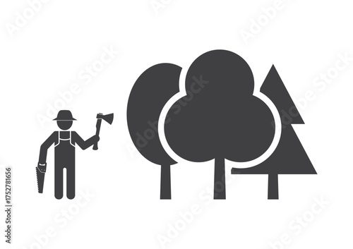 woodcutter chop trees with steel axe and saw icon