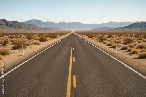Endless straight desert highway stretching into the horizon with dry landscape and distant mountains under clear sky in natural light background. Ai generative