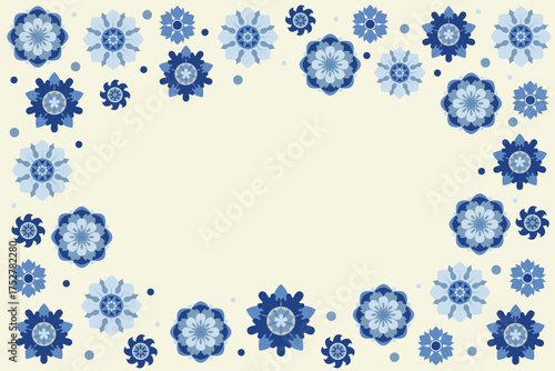 Winter Floral Snowflake Frame in Scandinavian Style. Minimalist Blue and White Christmas Snowflake Frame