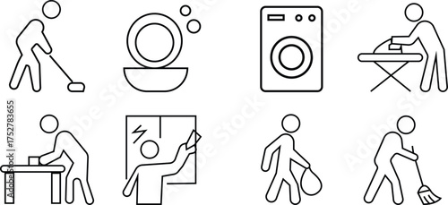 Household Icon set ,Featuring Home Equipment, Furniture, Appliances, Cleaning Tools, Kitchen Items, Daily Essentials, Cleaning service, Home appliances and Interior Symbols in Modern Vector Style,
