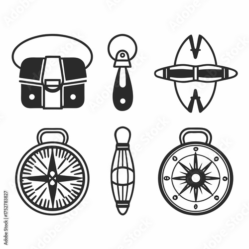 A collection of travel and adventure icons, including a bag, compass, and other essential gear