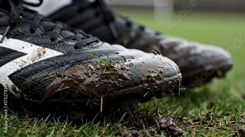 Wet Soccer Cleats Covered in Mud, Water Splashing on Grass