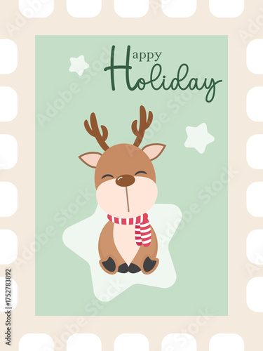 Reindeer Postage Stamp with star. Merry Christmas and Happy holiday greeting card concept vector illustration.