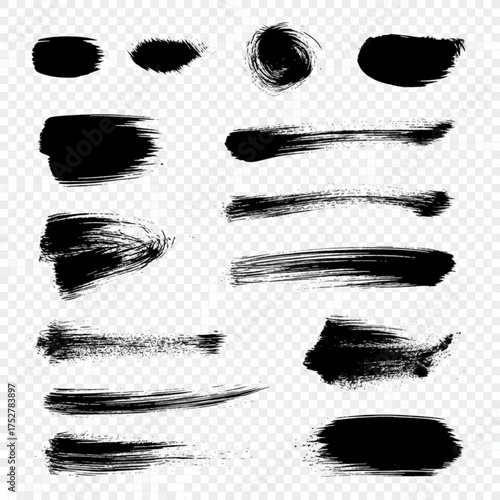 Professional set of clean and textured black ink brushstrokes on a transparent background. Essential asset for high-quality graphic design