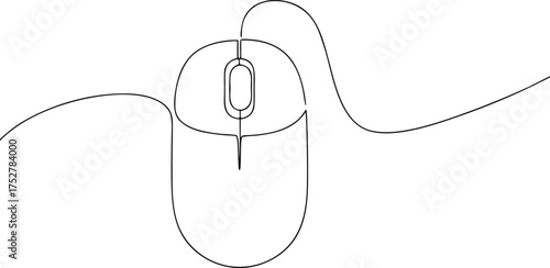 Black line art computer mouse with cord on white background