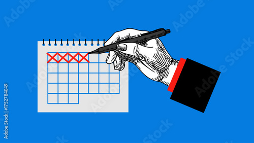 Trendy collage sketch hand marks calendar days with pen. Schedule planning, time tracking, productivity, deadline, event date, habit tracker concept. Retro hand drawn vector illustration.