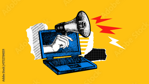 Trendy art collage of sketch hand with megaphone and laptop. Communication, marketing, job search, employment agency concept. Retro hand drawn vector illustration.