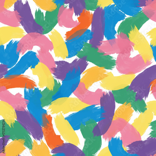 Seamless, repeating abstract pattern featuring wide, loose, and brightly colored paint brushstrokes (swipes) on a white background